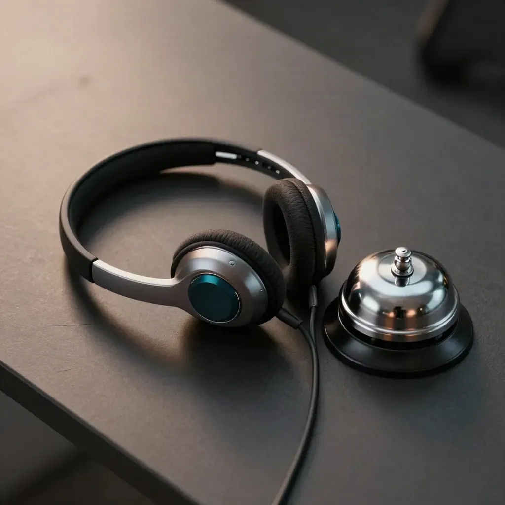 Headset cradle, coiled cable and desk bell on charcoal surface with teal accent.