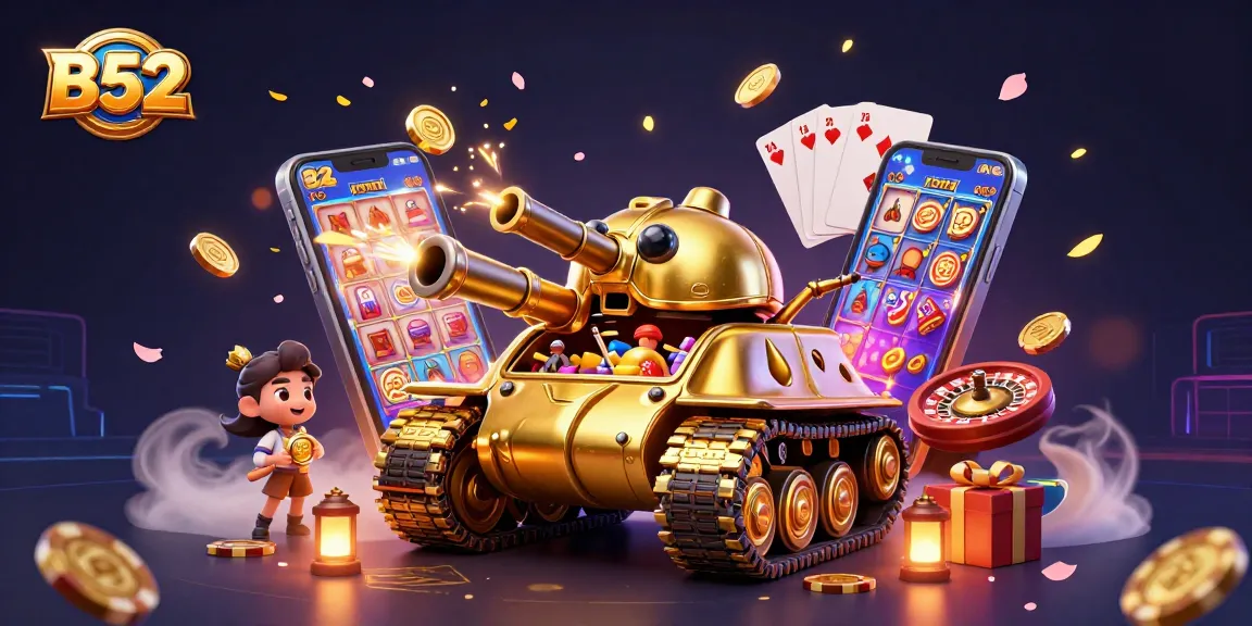 B52 themed casino scene with a golden beetle tank, slot games, and confetti cannon effects.