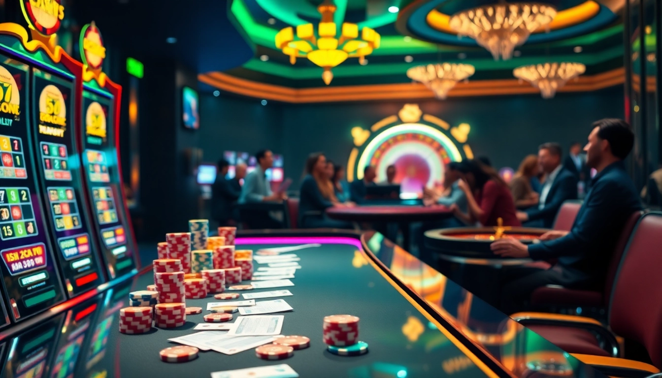 Exciting gambling atmosphere with SV368 elements showcasing poker chips, slot machines, and roulette.