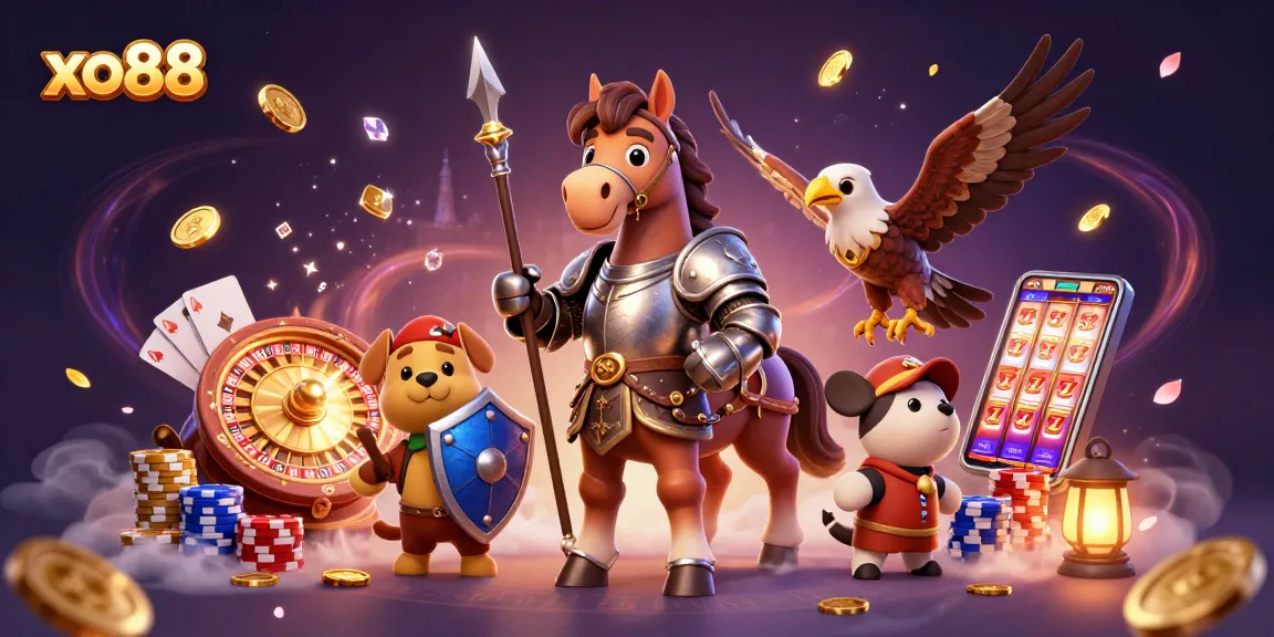 Gain excitement at xo88 with a knight, puppy, and falcon amidst casino treasures!
