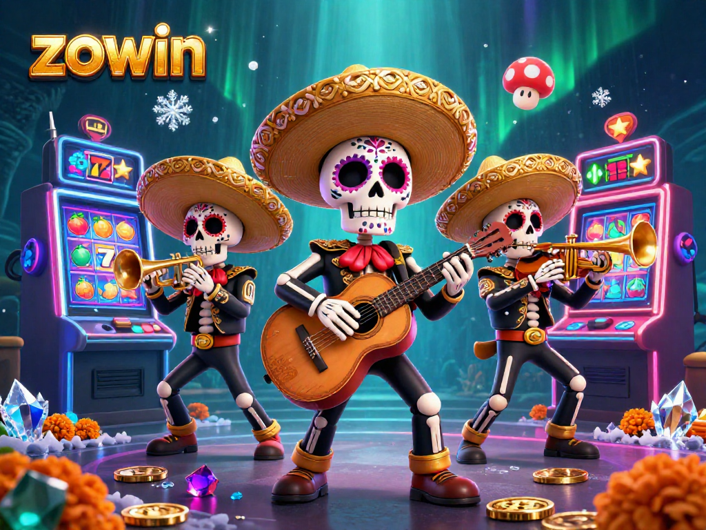 A vibrant ZOWIN-themed casino scene with a mariachi band playing near colorful slot machines, showcasing gaming excitement.