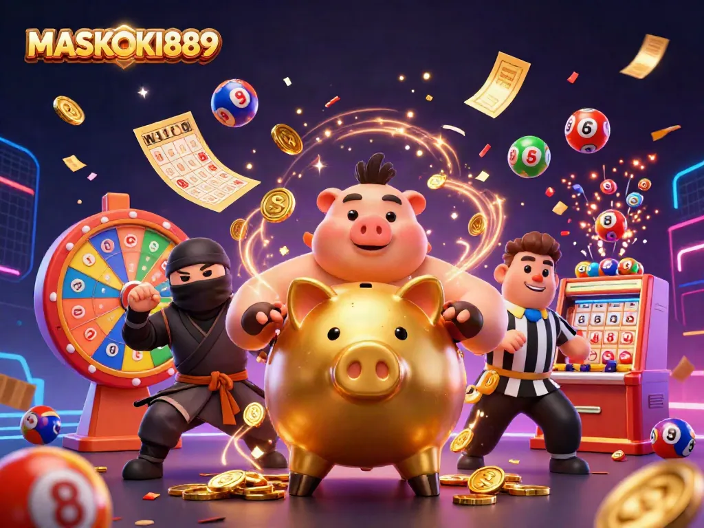 Join the excitement of winning at MASKOKI889 with vibrant casino elements and celebratory characters.