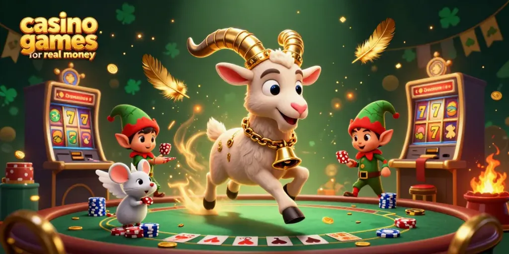 Join the festive chaos in a creative gambling scene showcasing casino games for real money with 3D characters.