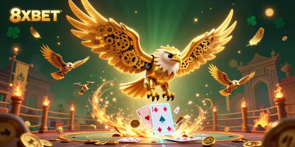 Experience thrilling gameplay with 8XBET, a dynamic illustration featuring a cybernetic eagle amidst holographic cards and ornate decorations.