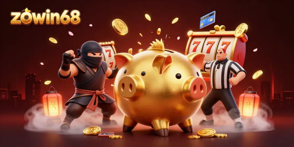Zowin68 showcases a sumo piggy bank wrestler in a high-energy casino scene filled with golden coins and vibrant casino elements.