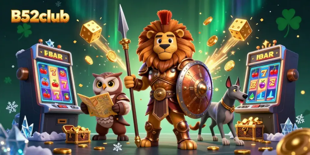 Engage with B52club in high-stakes excitement with a dynamic casino scene featuring slots and engaging characters.