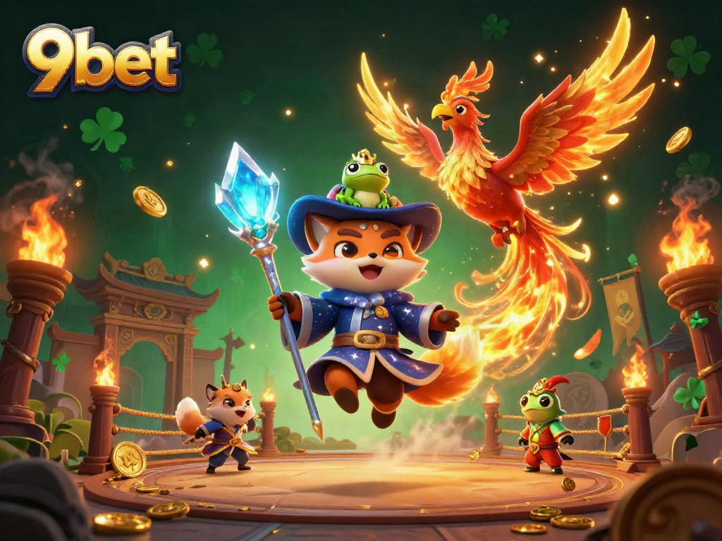 Experience the vibrant magic of 9bet featuring a mystical wizard fox, phoenix, and enchanting gaming elements.