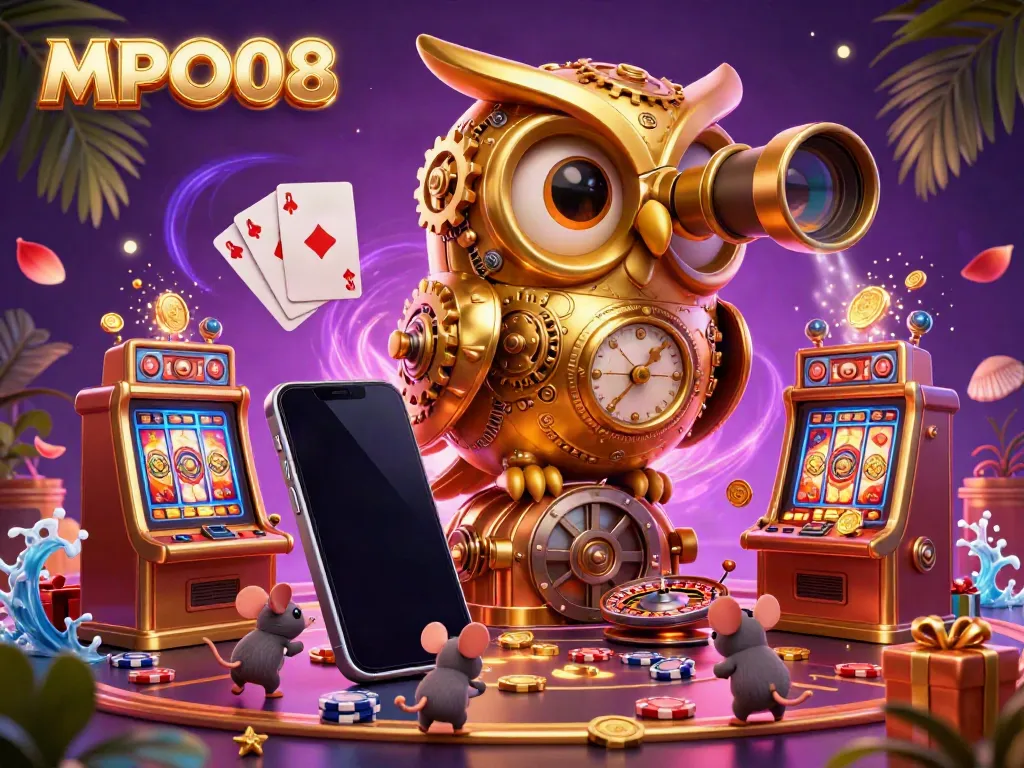 MPO08 displays a vibrant 3D casino scene with a clockwork owl, golden coins, and party-themed elements.