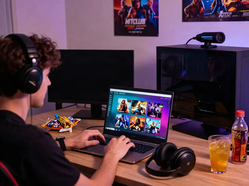 User engaging with Hitclub gaming platform on laptop in a cozy home setup, showcasing excitement.