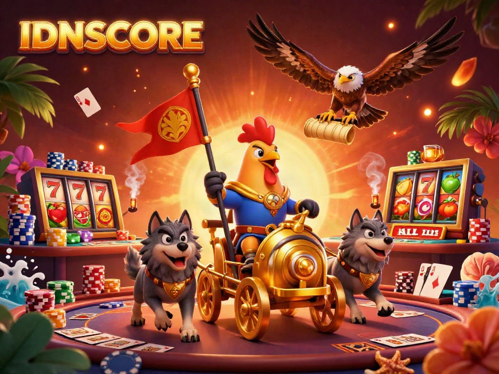 IDNSCORE celebrates casino excitement with a 3D rooster warlord and poker elements.