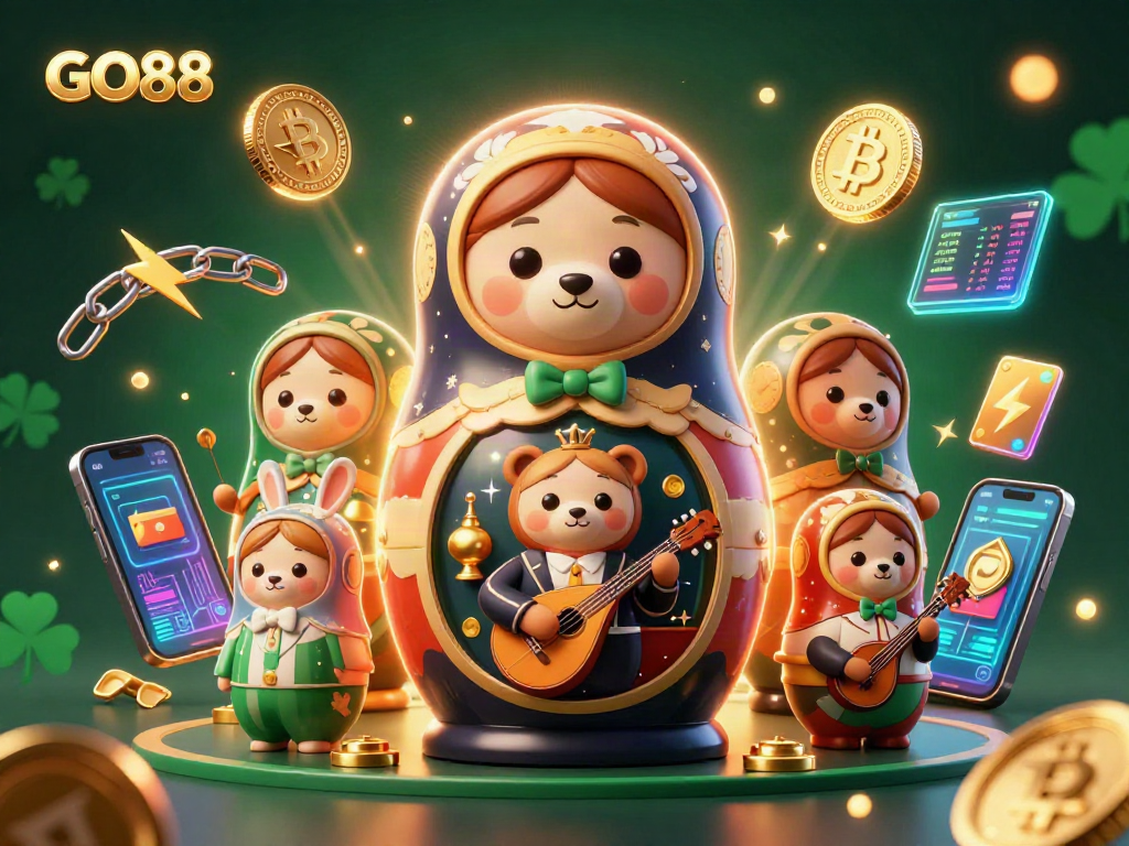 Engage with GO88's thrilling casino experience showcased through vibrant 3D art featuring a nesting doll and comic dealers.