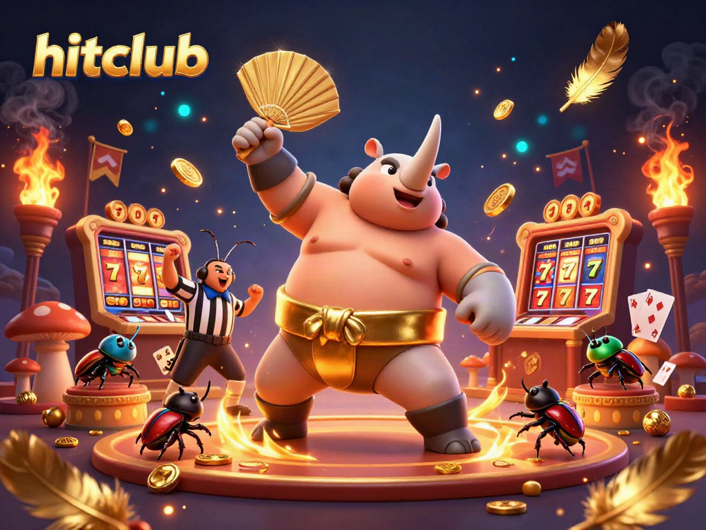 Experience thrilling moments at hitclub with a dynamic 3D illustration of a beetle champion amidst casino excitement.