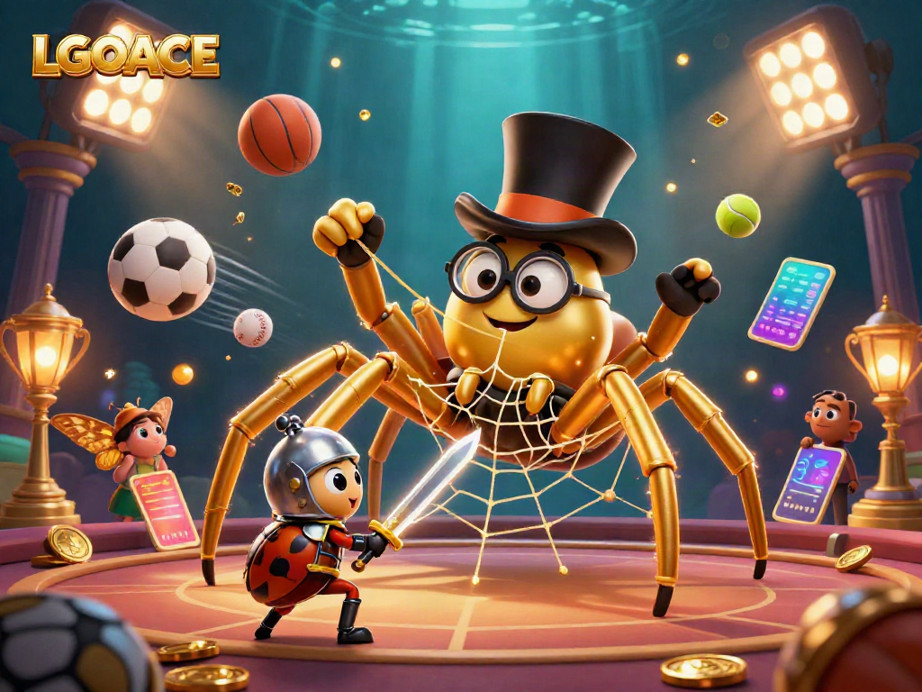 LGOACE showcases an exciting casino scene featuring a golden tarantula and a beetle knight among dynamic sports elements.