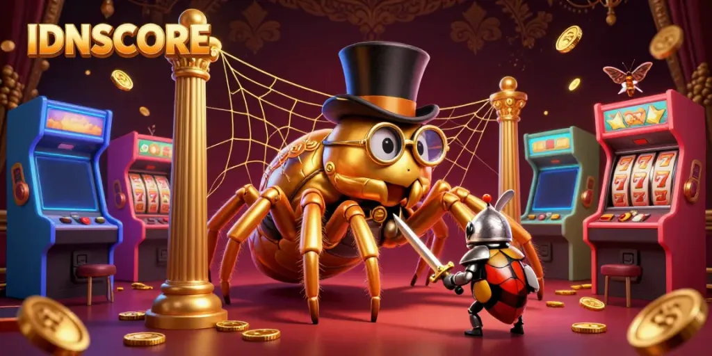 Engaging illustration of IDNSCORE, with a golden tarantula and beetle knight amidst vibrant casino games.