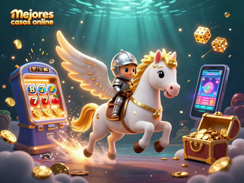 Descubre los mejores casinos online con esta ilustración 3D de un caballo celestial y un caballero en acción.