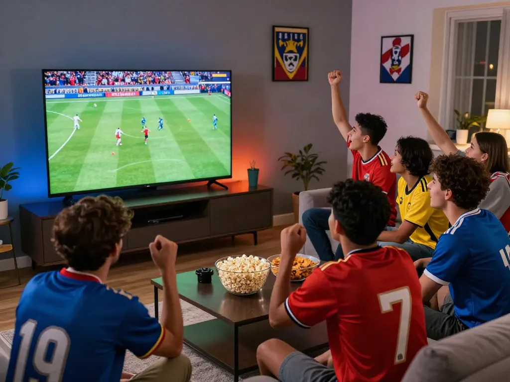 Excited friends enjoying football live streaming on https://cakhiatv.team/ in a cozy living room.