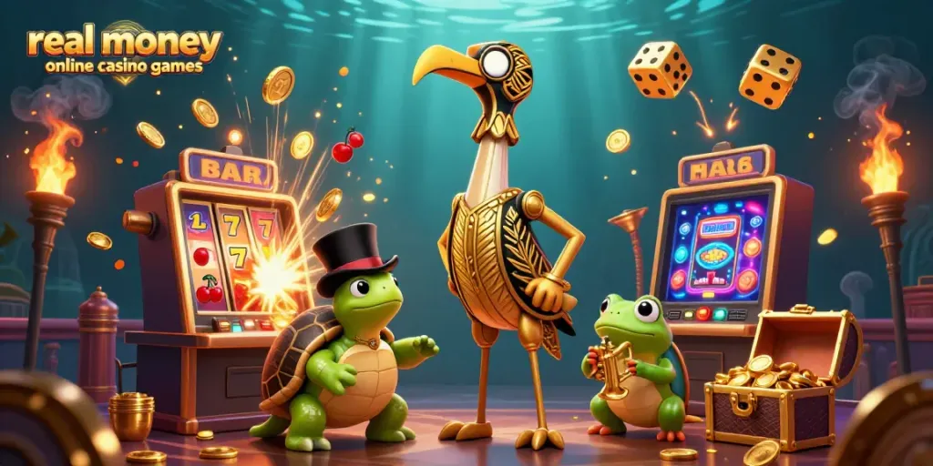 Experience real money online casino games with vibrant characters in a thrilling jackpot scene.