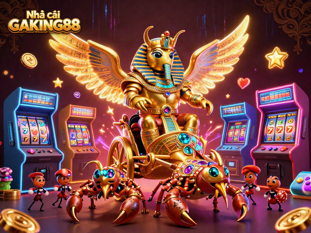 Engage with Nhà cái GAKING88's colorful casino adventure with a golden scarab beetle and thrilling games.