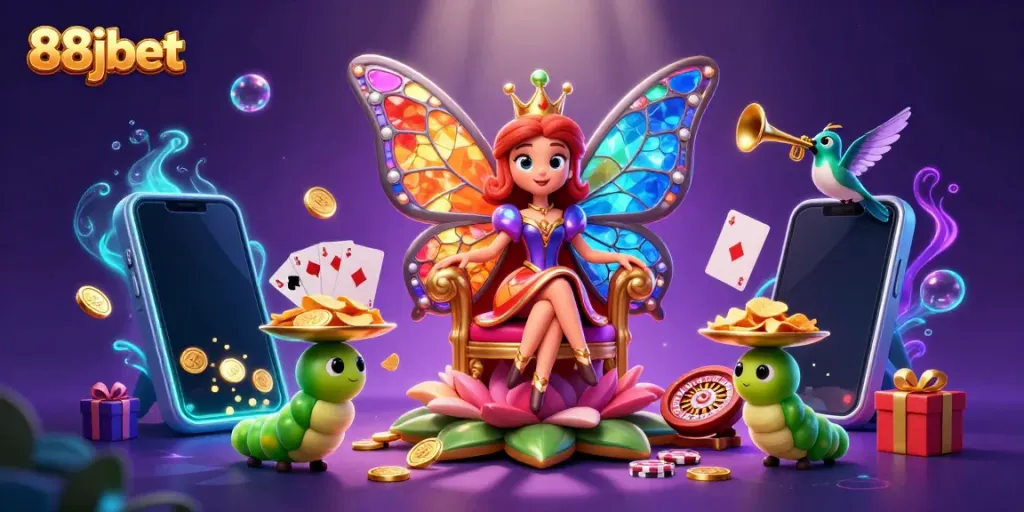Experience vibrant casino games with 88jbet in a magical illustration of colorful elements.