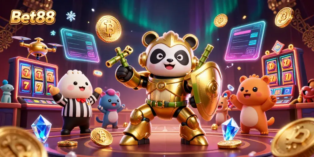 Bet88 offers thrilling casino action with a mech-suit panda and vibrant elements in a digital arena.