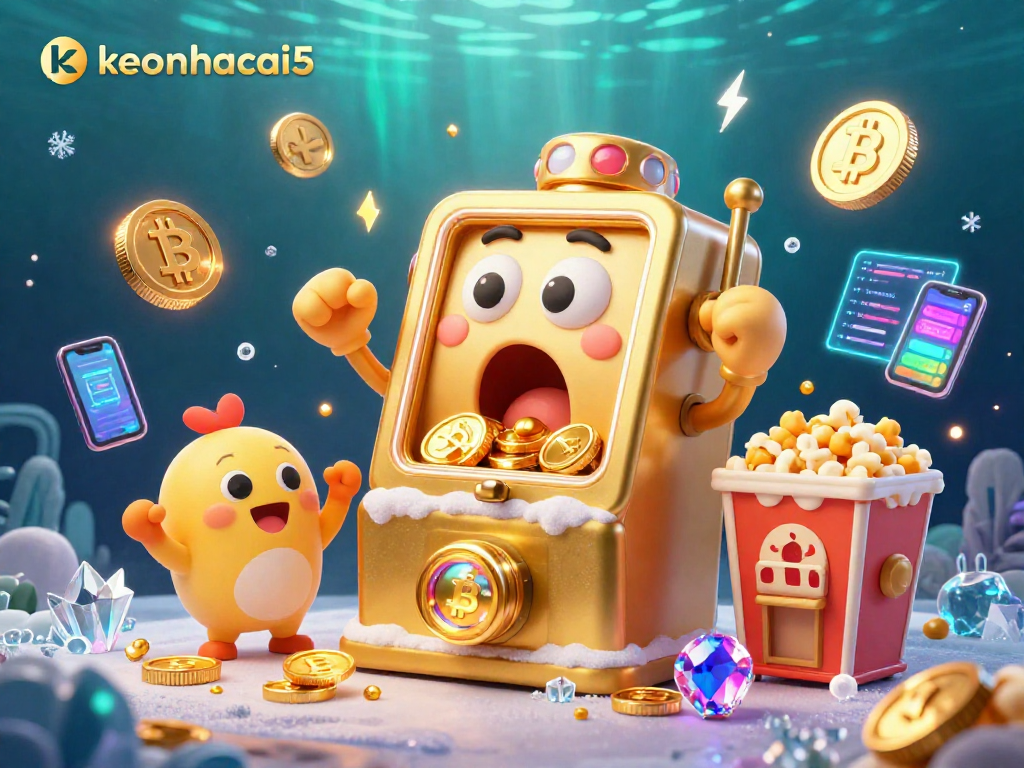Engaging keonhacai5 scene featuring a golden slot machine winning a jackpot amid vibrant crypto symbols.