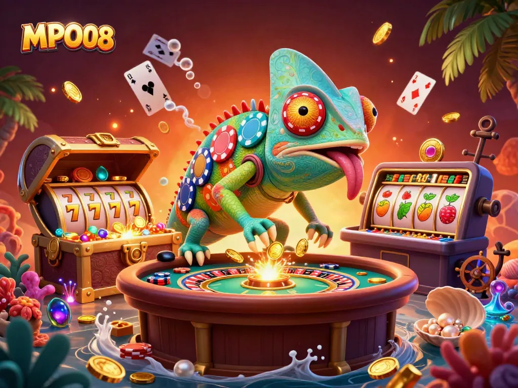 MPO08 offers thrilling gameplay with a vibrant chameleon gambling scene featuring gold coins and slot reels.