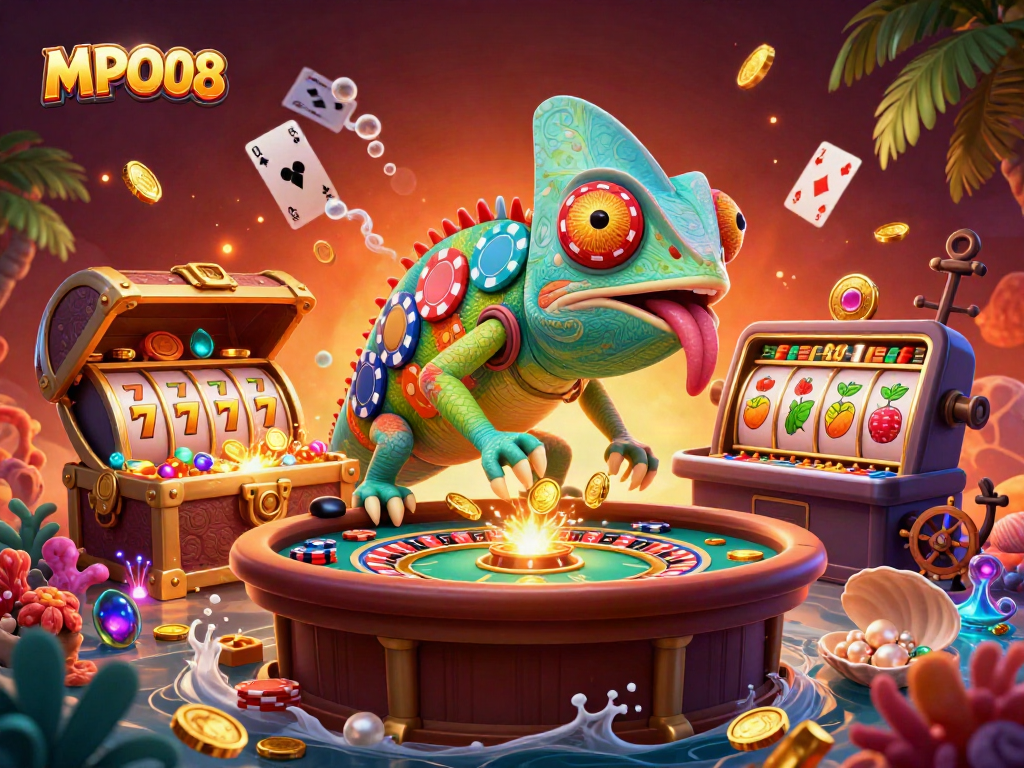 MPO08 offers thrilling gameplay with a vibrant chameleon gambling scene featuring gold coins and slot reels.