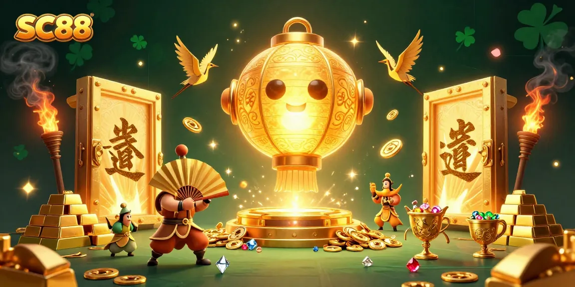 Experience thrilling wins at SC88 with a vibrant casino scene featuring fortune elements and lucky symbols.