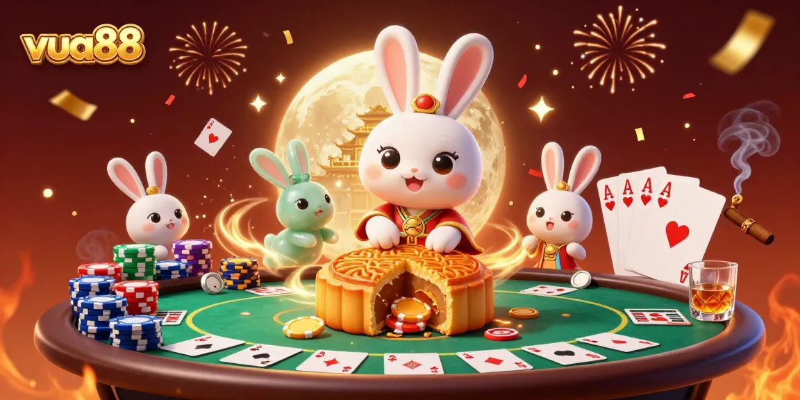 Experience the thrilling action of vua88 with a vibrant poker scene featuring a lunar rabbit in a dynamic casino setting.