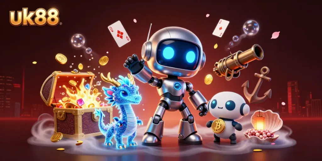 Experience excitement with uk88 as the cyberpunk robot mascot, dragon companion, and bitcoin drone explore treasures.