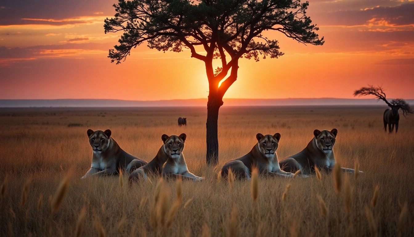 Experience a Tanzania Safari with a pride of lions lounging in the Serengeti at sunset.