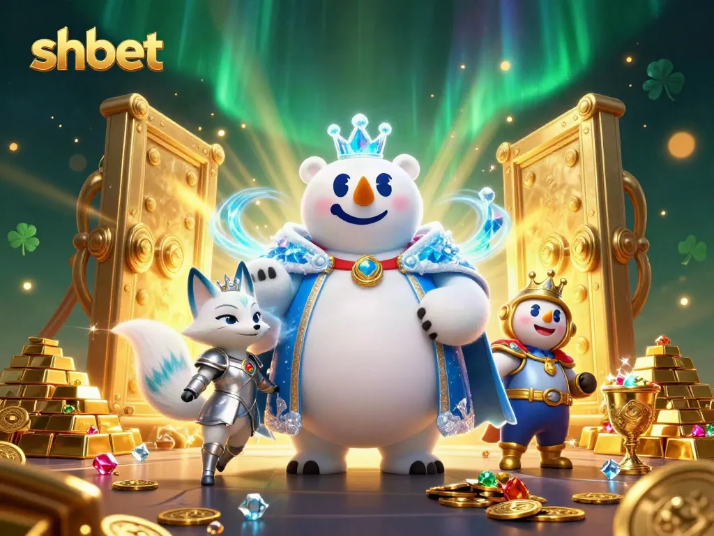 Spin big wins at shbet with the cartoon ice king bear and his fox companion surrounded by treasures