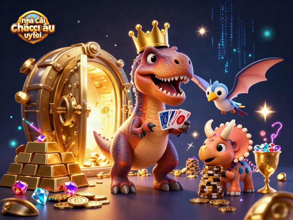 Hình ảnh mô tả nhà cái đến từ châu Âu uy tín với hoạt hình T-Rex chơi bài và chiến thắng vàng.