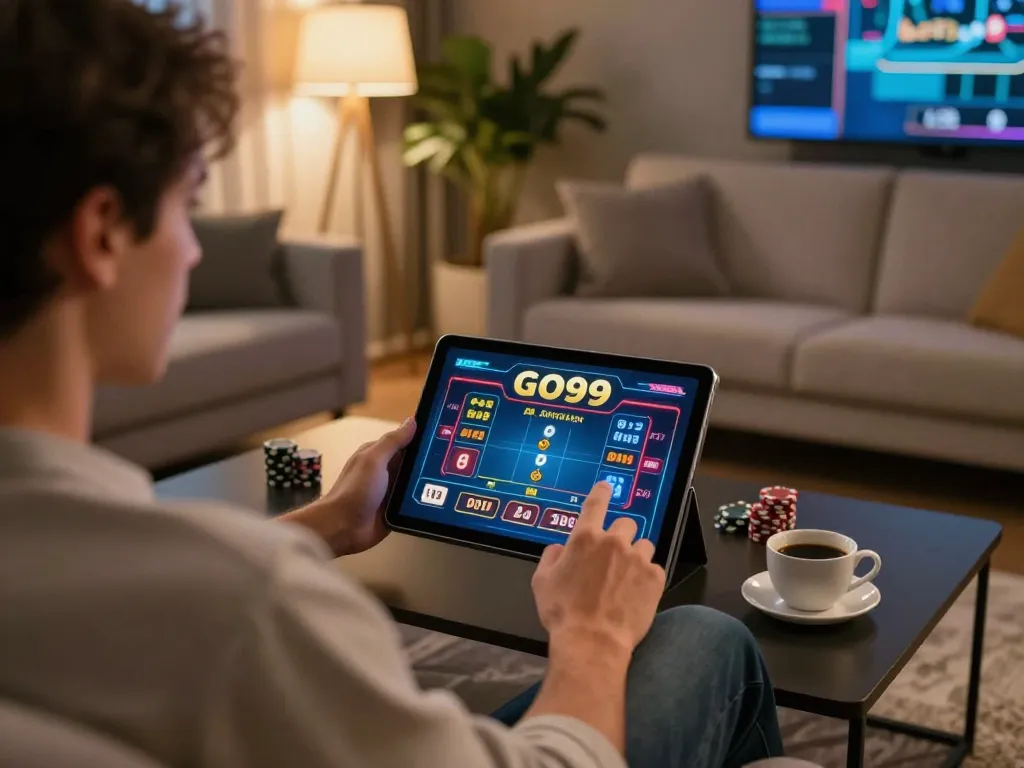 Engaging in GO99 online casino gaming with a tablet, showcasing a stylish home setup focused on strategy.