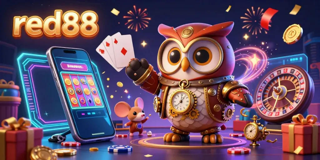 Experience the excitement of red88 with a vibrant 3D illustration featuring a time-traveler owl, casino elements, and engaging gameplay.