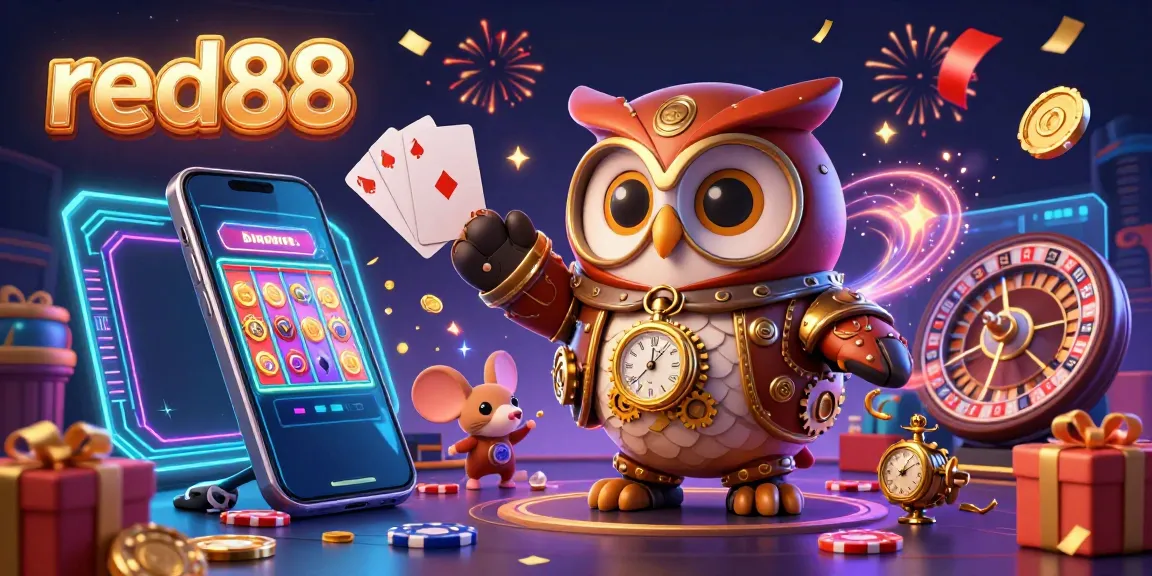 Experience the excitement of red88 with a vibrant 3D illustration featuring a time-traveler owl, casino elements, and engaging gameplay.