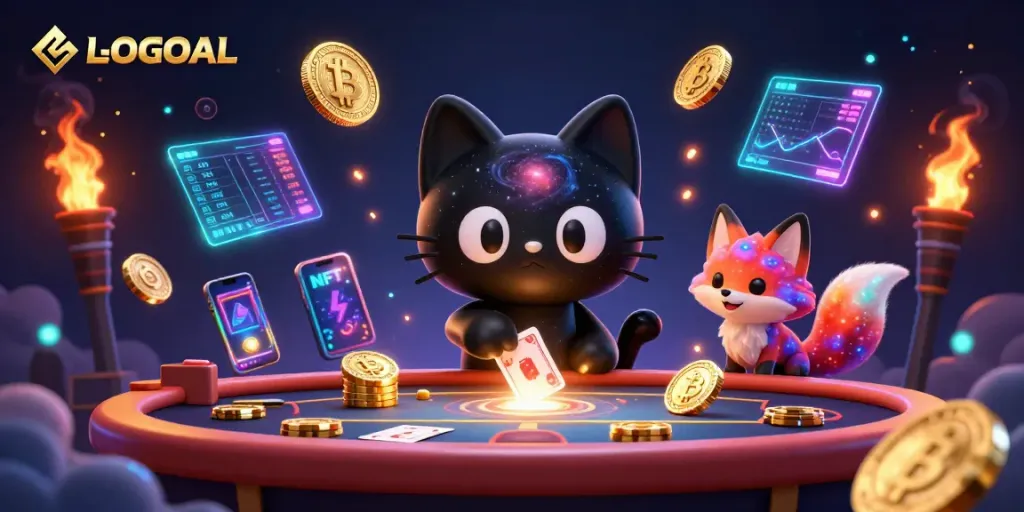 Experience LGOGOAL's cosmic casino with captivating characters and vibrant gambling elements.