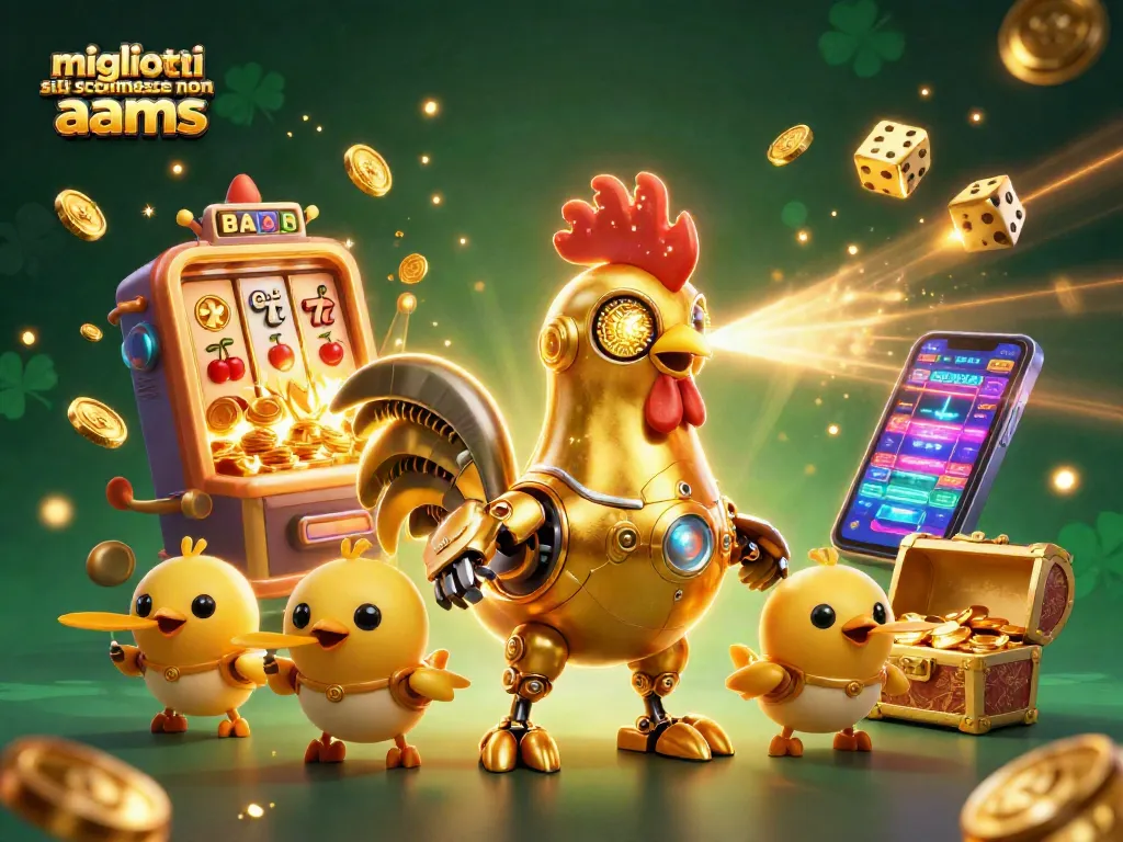 I migliori siti scommesse non aams in un'illustrazione vivace con un robot gallo d'oro e giochi esplosivi.
