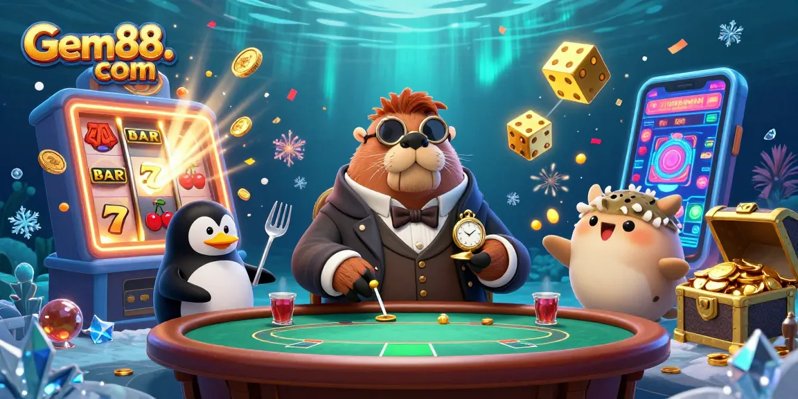 Experience the thrill at Gem88. com with an underwater poker scene featuring engaging characters and game elements.