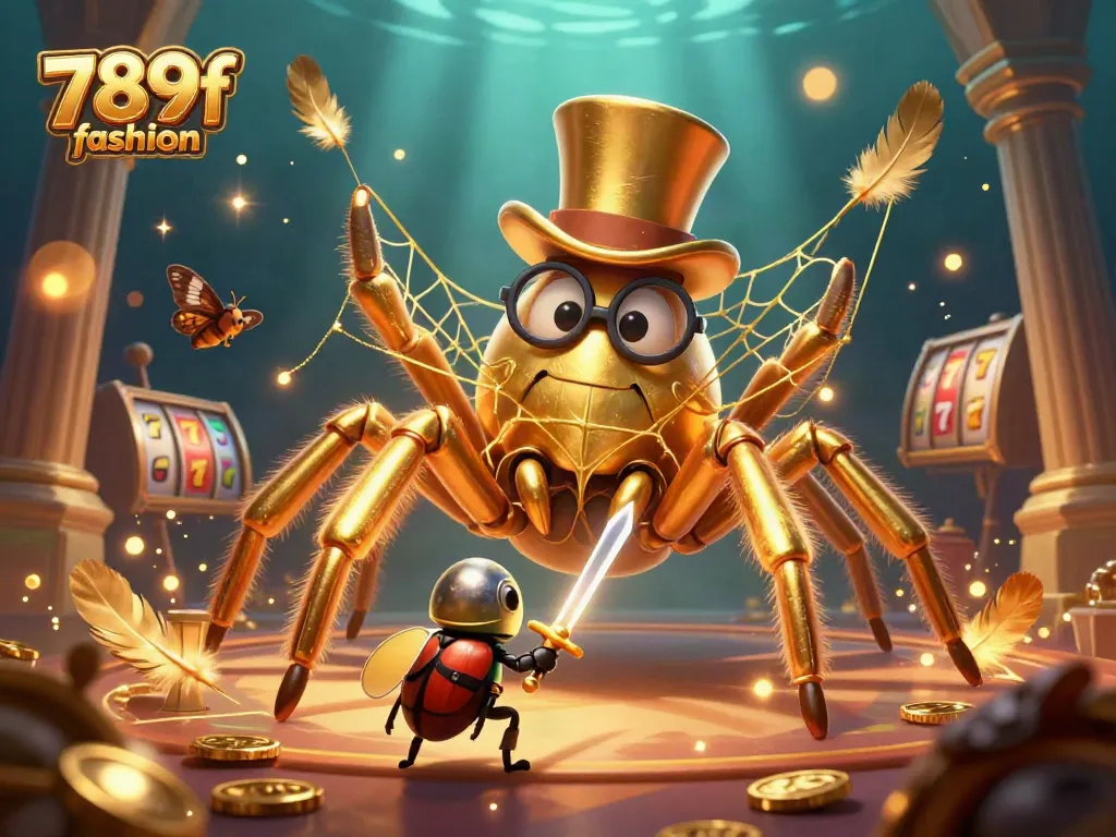 Experience the thrill of 789f fashion as a golden tarantula weaves a spider web adorned with casino symbols in a vibrant illustration.