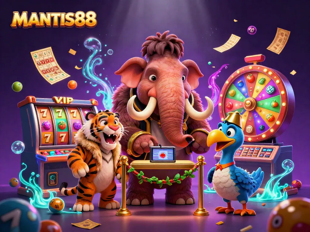 Engage with MANTIS88’s vibrant casino scene, featuring dynamic characters and energetic gaming elements.
