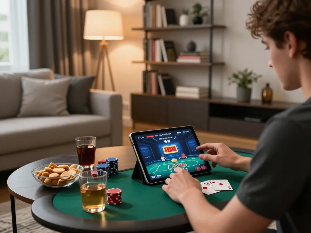 Engaging in online poker gameplay with hướng dẫn HITCLUB in a stylish living room setting, enhancing strategic understanding.