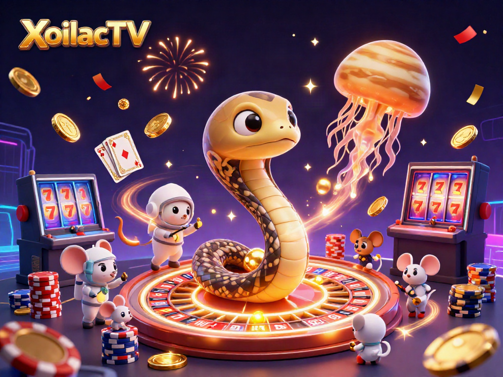 XoilacTV offers an exciting cosmic casino experience, featuring a roulette wheel and betting mice.