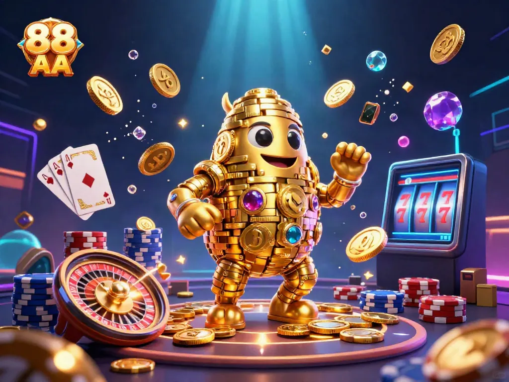 Experience the vibrant 88 AA casino scene with a golden golem and dynamic gaming elements.