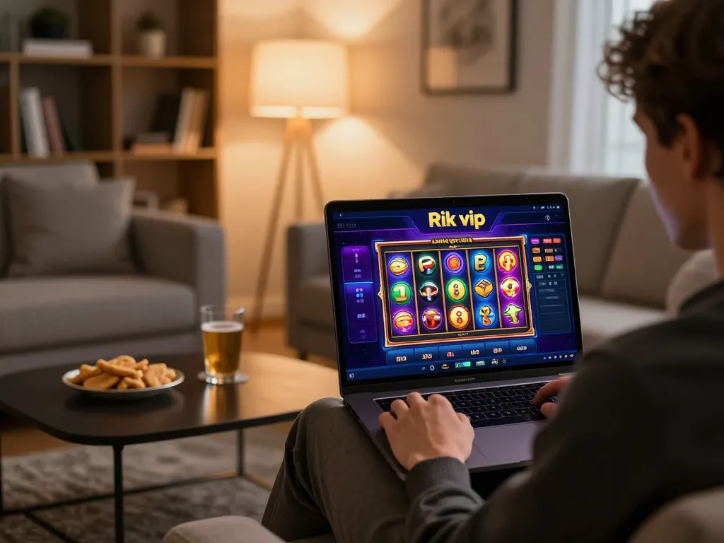 Engaging with rik vip online slots, a player enjoys a cozy gaming experience in a stylish home.