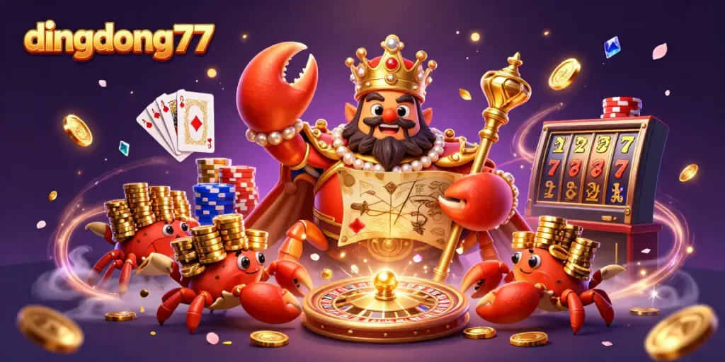 Experience thrilling gameplay with dingdong77's vibrant casino scene featuring a golden crab and sparkling treasures.