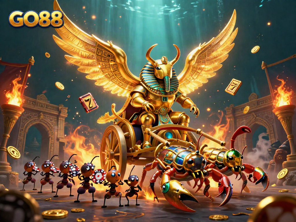 Experience GO88 magic with a vibrant scene featuring colossal characters and dynamic casino elements.