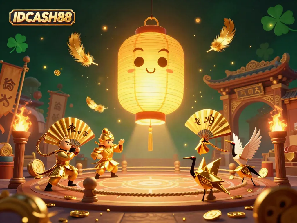 Experience the exciting casino atmosphere at IDCASH88 with a vibrant 3D illustration featuring lucky lanterns, casino games, and fortune symbols.