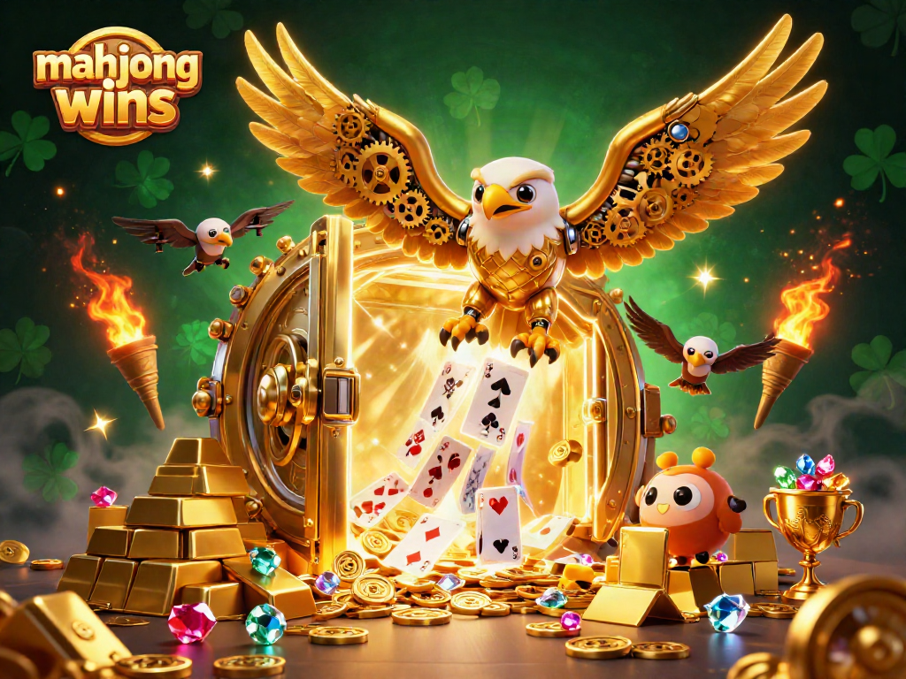 Experience mahjong wins through an epic 3D illustration of mystical treasures and golden eagles.