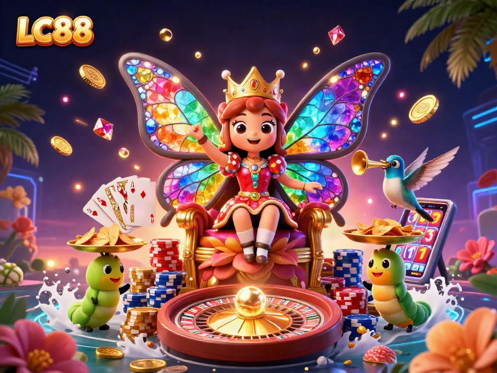 Engage with the vibrant world of LC88, featuring dynamic casino elements and colorful characters.